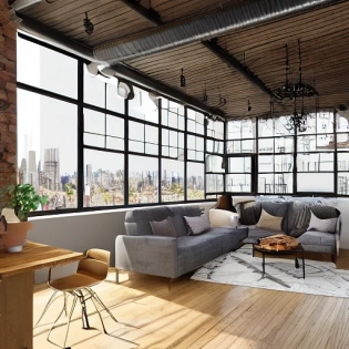 high resolution photography interior design, interior design magazine, cosy atmosphere, open plan, mission style home, 4 bedroom design with kitchen and living room, modular furniture with cotton textiles, wooden floor, high ceiling, large steel windows with new york city skyline in the background, 35mm lens, 300 sqm, warehouse