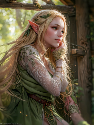 (masterpiece, high resolution:1.3), (portrait of a blonde elven woman with green eyes:1.2), (her long flowing hair cascading to the floor:1.1), (Sony Alpha 7S III camera, renowned for exceptional low-light performance:1.2), (paired with the Sony FE 85mm f/1.4 GM lens:1.2), (the elfa dressed in a short, form-fitting attire accentuating her ample bosom and slender figure:1.1), (her stunning and flawless physique captivating the eye:1.1), (the focus of the photo is on the mesmerizing elven woman:1.1), (a gentle Gaussian effect adding a touch of ethereal charm to the prompt:1.1), (the wooden cabin, a medieval marvel, providing a rustic and enchanting setting:1.1), (the cabin constructed from sturdy timber logs:1.1), (intricate carvings adorning the wooden walls and beams:1.1), (a thatched roof protecting the cabin from the elements:1.1), (small, charming windows allowing soft rays of sunlight to filter in:1.1), (a stone hearth providing warmth and a cozy ambiance:1.1), (the cabin interior furnished with simple but elegant wooden furniture:1.1), (a warm and inviting atmosphere embraced by the wooden cabin's natural beauty:1.1), (the elven woman gracing the cabin with her ethereal presence:1.1), (the focus on her captivating gaze and radiant smile:1.1), (a moment captured in time, where fantasy and reality intertwine:1.1), (a captivating portrayal of an enchanting creature in a quaint medieval abode:1.1), (the play of light and shadow enhancing the scene's mystical allure:1.1), (a perfect harmony of the natural world and the elven realm:1.1), (a captivating photo that invites viewers into a world of magic and wonder:1.1), (the elfa embodying the grace and beauty of mythical beings:1.1), (an image that captivates the imagination and awakens the spirit of fantasy:1.1), (a timeless representation of a magical encounter in a medieval setting:1.1), (the Gaussian effect adding a dream-like quality to the image, enhancing its allure:1.1)