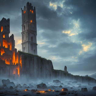 Extensive landscape computer ultrasound photograph (general view, which shows a ruined stone tower, (detailed description of the tower), sky, clouds (detailed), as well as dawn (detail), glade (detail), stone details of the tower, destroyed surface of the tower, one gray-haired guy in a shirt and trousers (1: 3), (ultra-detailed description of appearance), stone dust, ruined tower (ruined tower 1: 2), (falling stones: 0.9), (stone dust: 1.3), sand,  stones, ruined tower BREAK production art, (cold light source:1.2), (Firefly:1.2), fire particles, dark, red, yellow and orange, complex details, volumetric lighting, realism BREAK (masterpiece:1.2), (best quality), 4k, ultra-detailed, (dynamic composition: 1.4), high detailed, colorful details, (gloomy colors: 1.2), (luminous lighting, atmospheric lighting), gloomy, dark, magical --auto --s2