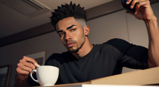 (1 young black man),The face of this young black youtuber is expressive and striking, with strong features and a confident expression. His skin is well groomed and his short, well-made beard complements his modern and cool look. His dark eyes are piercing and convey mystery and suspense, which helps create an atmosphere of tension in his videos of urban legends. His posture is relaxed and secure, which shows his confidence in front of the cameras and contributes to creating a strong connection with his audiencebetter quality, high detail, incredibly delicate and beautiful illustration He is wearing an ordinary red T-shirt and jeans, which reflect his practical and cool style. Its leather strap adds a touch of style to its simple, relaxed look. His short black hair, short beard and light brown eyes catch the attention of his followers, while he holds a cup of hot coffee in one hand and a microphone in the other. He is focused and determined to create quality content for his audience while keeping his posture safe and relaxed, which contributes to creating a strong connection with his followers. In short, he's a successful YouTuber, known for his exciting and engaging urban legends, and his stripped-down style adds a personal touch to his content. High quality 4k image