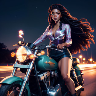 Pretty brown skin girl, hippie clothes, riding motorcycle, long hair, epic pictures, high quality pictures, sparkling pictures, in the city night vision, sparkling stars