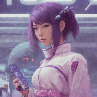 Woman portrait on street of Tokyo in style of stefan kostic, Andre Kertesz, Masamune Shirow, illustration, artstation, synth vibe, (vaporwave colors), moody lighting, moody vibe, telephoto, (90s vibe), blurry background, tranquil, calm, faded