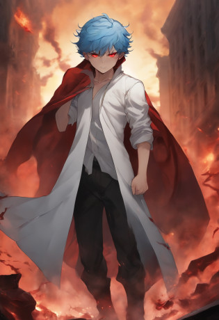 (a detailed picture,high quality,A boy with fiery blue hair, wearing a white coat, with glowing red eyes, and a wise expression, standing in a distorted city. The boy is about 100 years old, and his eyes have a dead, intense stare. He is surrounded by souls and immortals, engaged in an intense fight. The boy seeks revenge with his destructive ability, aiming to exorcise the evil that plagues the city. angry face. exorcist ability. epic battle stance. flying away spirit. covered by smoke. epic background. badass. awaken cursed powers.sweating. big wars. got surrounded by enemy. menacing face. genocide. threatning looking. epic battle. blood. bleed. scars. fight seriously. face covered by blood. no mercy. ripped shirt. exhausted. hand in bandage. arrogant face. fatal blow. cursed ability. hideous form. hand covered by bloods. screaming. disturbing background.)
