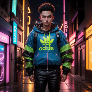 25-year-old man in blue jacket and black pants standing in a neon shop, neon iluminado, neon jungle, teddy fresh, neon vibes, luzes neon e adiciona, Foto de um ensaio promocional, Retrato no meio da foto, neon lights in the background oriental letters, thick neon lights, foto promocional, com luzes neon, sythwave, Cidade oriental Neon ao fundo, aesthetic shot, rosto bem detalhado 4k HD, brincos, rua adidas, corte de cabelo degrade,  cavanhaque, brincos de argola, olhar forte, boca bem detalhada maos bem detalhadas