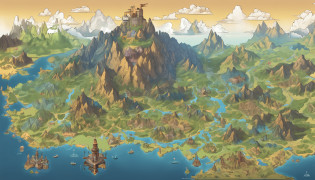 The continent is divided into 5?island country?neighborhood?intensive?game map, Hyrule, Ancient Fantasy Regional Map, Highly detailed map,Detailed Map, Height Map?world map?Isekai Map?Map of the Kingdom?Otherworldly Adventure?mountains and rivers?K HD?meticulous?Ground View?Spread up?Pixel art