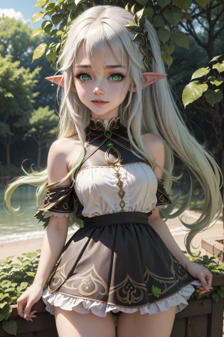 The elf stands and looks at the camera, A girl stands at a fair, green eyes and white hair, The wind lifts the skirt, You can see the underpants, blue skies, Beautiful clear blue sky, green hairpins in the hair, skinny waist, Slender figure, Appearance of the model, confusion, sexuality, nahida, pixie, elf ears, Beautiful ears, green colored eyes, People's casual clothes, black clothing, pantyhouse, black tights, little chest, You can see the, Upskirt, black clothing, White underpants, Elf Girl, Sweet girl, attractive anime girl, beautiful anime girl, Cute beautiful anime woman, detailed digital anime art, beautiful anime girl, beautiful anime girl, Anime with small details, Best Quality, Masterpiece, Ultra-detailed, Beautiful, hight resolution, Original,CG 8K ??????????????????, perfect artwork, beatiful face, Face Clean, Skin, hyper realistic, Ultra Detailed, A detailed eye, dramatic  lighting, (Realistic) Realistic, Full HD, Best Quality, Best Quality, Beautiful lighting, (8k wallpaper of extremely detailed CG unit), High Details, sharp-focus, The art of dramatic and photorealistic painting, beautiful smile,