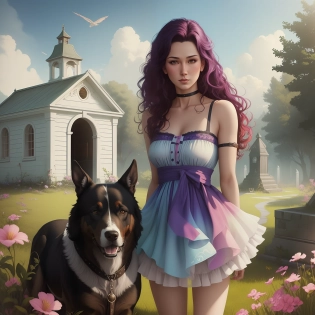 digital art, Violent Flirty [The Scottish Highlands:Tomb:2] and Heartwarming Gaelic Doghouse, Summer, Cel shaded, Fearful, Queercore Art, Sunlight, Low shutter, Electic Colors, Ribbons, Swirling, High quality, Pixabay, (art by Steve Argyle:0. 7), (art by Kazuo Koike:0. 9), (art by Tom Bagshaw:0. 7), (art by Lee Bogle:1. 1)