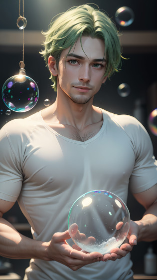 (Premise) Unreal Engine, Super-Resolution, Ray Tracing, RTX, high resolution photography, 8k, studio photo, elegant, (person) beautiful young man, 32 years old, salt face, light green hair, light green eyes, smile, fair skin, fair skin, white shirt, upper body only, lower body is tuna and merman, (angle) figure is placed to the right, Slightly oblique, (belongings) Live tuna, carrying from the right shoulder, hanging from the right shoulder, using a rope to hang (background) No background, white background, dry dry, soap bubbles, written 