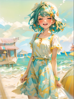 8K?Summer short bob beach girl illustration drawn in ultra-high definition details?She wears cute beachwear?Enjoying a pleasant summer by the sea?It is characterized by her cheerful and cheerful figure?

The beautiful sea spreads out in the background?Blue sky and white sand beach are depicted?She is smiling happily on the beach?Bathed in the summer sunshine?

Pose as if you were enjoying yourself at the seaside?In his hand he holds a colorful float?Her cheerful smile and liveliness represent the fun moments of a summer beach girl.?

The costume is based on cute beachwear.?It depicts her shining on the beach in summer?Her bright and lively image is emphasized?

Bright and vivid summer colors spread throughout the illustration.?The fun of the summer beach and her bright charm are expressed?Her short bob hair is swaying lightly?

The effect depicts the summer sunlight and the bustling state of the seaside.?The cheerfulness of a beach girl in summer is expressed?pure?Beautiful scenery of sea and sandy beach colors the entire illustration?

Background effect depicts the bright atmosphere of the beach in summer?Her fun moments are highlighted?Her lively figure and summer beach scenery depict the bright figure of a short bob beach girl.?
