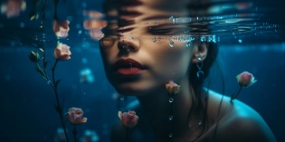 cinematic underwater-photo shot a girl, water-roses above water, close up of a lips, editorial qualitywater light fracturing and water reflections, depth of field, blue color, blue-core, kodak portra 800, 105 mm f1. 8 --ar 2:1 --q 2 --v 5