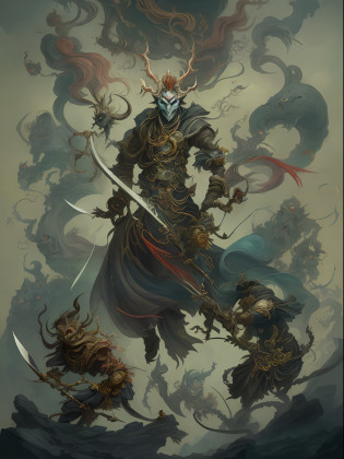 a drawing of a man with a sword and a demon, beautiful male god of death, mohrbacher, inspired by Shunk?sai Hokush?, in the art style of mohrbacher, asura from chinese myth, the god of chaos, inspired by Ry?k?sai Jokei, in style of peter mohrbacher