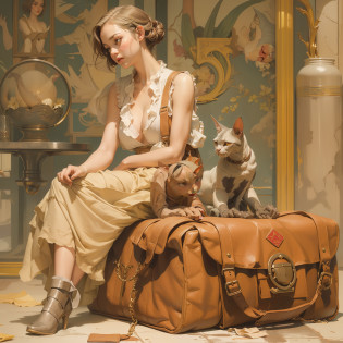 Retro flat illustration?Joseph Christian Leyendecker's painting method?Slightly tall beautiful girl with one chest?One Sphinx Cat?Painting method of the rule of thirds?Old Station?Worn-out big Boston bag