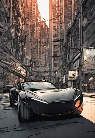 Wide-angle Banksy inspired street-art portrait, (Gotham City Garage) (Tesla Batmobile) The Tesla {{{Batmobile}}}, a marvel of engineering and design, marries the sleek, futuristic aesthetics of Tesla's design ethos with the menacing and intimidating persona of Batman's ride. Decked in a deep, obsidian-black sheen that seems to drink the surrounding light, the car exudes a silent power, as if the mere air around it is charged with raw potential. Its contours and lines are aggressive yet elegant, a predator ready to pounce, standing in stark contrast to the grimy, urban sprawl of the Gotham City garage.