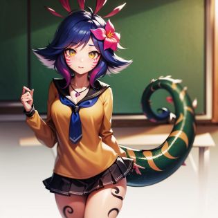 best illustration, illustration, vibrant colours, masterpiece, best quality, absurdres, 1girl, beautiful face, detailed eyes, looking at viewer, contrapposto, seductive, sexy, standing, fullbody, <lora:neeko-nvwls-v1-final:0.8>, neeko, facial marks, hair ornaments, hair flower, necklace, lizard tail, multicolored skin, body paint, (cleavage:0.6), (schoolgirl uniform, tie, long sleeve dress shirt, black pleated skirt, socks), classroom