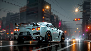 Concept Nissan GTR, (((w))) ?, at night, a dramatic an?d intense setting, background (((extreme parallax motion blur))), hyper realistic, (((?))), light trails, smoke caught in the headlights, high speed ?chase, maximum speed, small fireball debris leaving light trails, smoke, back-lit, street view, ?Hasselblad HD6, police pursuit vehicles in the distance,