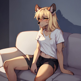 (By hyattlen, by fumiko, by claweddrip):1.2, solo, one girl, a cute tan anthro furry hyena girl, female, fluffy brown ears, (tan_fluffy_body:1.1), black nose, faded yellow eyes, (cute_snout:1.1), fluffy tail, long blonde hair, visible fangs, small breasts, wearing torn white t shirt, black shorts, torn_clothes:1.2, sitting on a couch, in an ugly dirty room, sad, looking away, dark room, shadows, detailed intricate background, dimly lit room, nighttime, (long-shot:1.1)