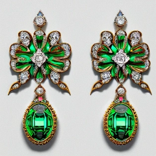 full display of baroque style jewelry design, a pair of earrings, green gemstones with different saturation winged butterflies and four-leaf clover shaped diamonds, roses sharp, highly detailed vray render, flash, high quality, 10 k