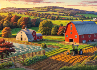 high quality comic of a farm with a tractor and farm buildings, rural splendor, country landscape, scenery artwork, scenery art detailed, countryside city scene, beautiful high resolution, colorful scene, next to a red barn, detailed scenery �width 672, rich picturesque colors, next to a farm house and a barn by artist john sloane