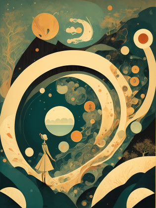A painting in the style of Tamara Lempicka, Paul Klee, Michael Parkes, Gustav Klint, Raffaello Ossola, Tiffany Bozic, Tim O�Brien, Wassily Kandinsky, Catherine Abel, Marc Chagall, Franz Marc, Jorge Gonzalez Camarena, Dimitar Bogdanov, Michael Cheval, Wassily Kandinsky, Hieronymus, Ray Caesar, Nicoletta Ceccoli, Fragonard, Conrad Roset, Picasso, Vermeer
The painting depicts a dreamlike landscape with rolling hills, trees, and a winding river. The landscape is rendered in a cubist style, with geometric shapes and fragmented forms. The colors are muted and pastel-like, with a touch of art deco glamour.

In the foreground, a group of surrealist objects and shapes are scattered throughout the landscape. These objects include a giant, abstract flower, a melting clock, and a group of birds flying in a formation that creates a geometric pattern. The objects are painted in a bold, art nouveau-inspired style, with intricate patterns and curved lines.

In the background, a cityscape is visible, with art nouveau-inspired buildings and streets. The cityscape is painted in a muted color palette, with a hint of constructivism in the composition.

Throughout the painting, we can incorporate elements of minimalism, such as simple shapes and clean lines, to create a sense of balance and harmony. We can also experiment with different techniques, such as layering and collage, to create a sense of depth and texture.