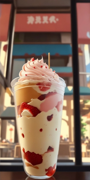 (masterpiece), (anime style), shot from below, award winning, extreme close-up shot, centered, focused shot, Instagram able, strawberry ice cream sundae, cafe interior, afternoon city park background, dynamic lighting, depth of field, ultra detailed, (epic composition, epic proportion), 2D illustration, panoramic, professional work, Makoto Shinkai,