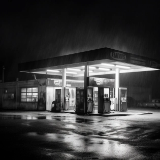 remote gas station, black and white, scary and dark, photorealistic, detail rich, 16k, atmospheric, photograph, cinematic, shot on Hasselblad H4D 200MS Digital Camera, Mitakon Speedmaster 65mm f/1. 4 XCD, Fresnel lighting, --v 5