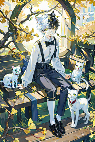 ??tmasterpiece???????best qualtiy????1boy?19-year-old youth?Cat-eared boy?White cat-eared teenager?Yellow eyes?White cat ears?Curious demeanor?short black curly hair?The shirt?Suspenders?Small leather shoes?A happy expression?Surrounded by white cats?Autumn leaves?Ginkgo tree?The boy stood under the tree?Sunset atmosphere?Curious demeanor?detailed hairs?16k?