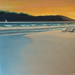 A romantic and nostalgic painting of a beach with white sand, during sunset, in a realistic style;