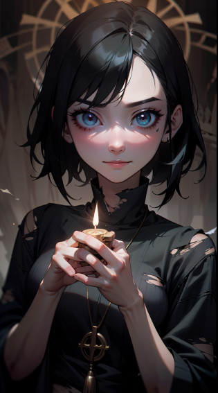 ((masterpiece)), best quality, 8k, high quality, high resolution, super detailed, ultra detailed, photorealistic, eerie and finely detailed face and eyes, ultra detailed and detailed skin texture, malevolent eyes, perfect face, 1 girl, disheveled black hair, (torn jeans), haunted eyes, (cursed artifact), (ominous presence), surrounded by flickering candles and old tomes, holding a cursed amulet, tormented expression, ((haunting smile)), night, ancient crypt, cobwebs, chilling atmosphere, (whispering echoes), (faint ethereal wails), since forgotten eras, Evangeline, tormented eyes, 