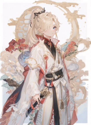 masterpiece, high quality, 1boy, looking at viewer, jw3, ponytail, hair over one eye, hair hair over shoulder, blonde hair, (holding sword), moon , chinese art<lora:SD_JW3:1>
