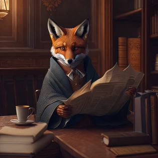 anthropomorphic fox sitting at a table reading a book| a portrait| dressed in a robe| reading the newspaper| portrait of morning coffee| cinematic outfit photo| dusty library| late morning| actual photo