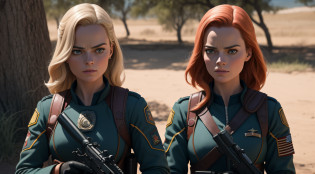 Two uniformed women holding guns and looking into the camera, meninas de infantaria naval inspirada em Margot Robbie e Karen Gillan, ainda de um filme live action, Directed by: Fernando Gerassi, 8 k filme ainda, ainda do filme, Filmado do filme, olhar intenso, captura de tela de um filme, medium shot of two characters, Soldados, 4k ainda, filme ainda do filme