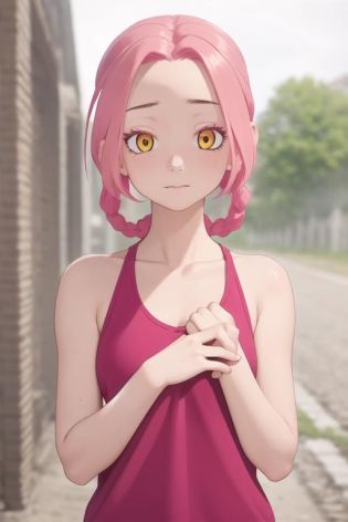 masterpiece, best quality, high quality, 1girl, solo, looking at viewer, upper body, <lora:mei:0.72>, mei, pink hair, braid, yellow eyes, , tank top