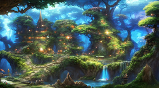 pintura de uma aldeia de fantasia com uma cachoeira e uma cachoeira, Cidade da fantasia de Medeival, fantasia altamente detalhada, Fantasia Pintura HD, bela fantasia detalhada, Vila da Fantasia, pintura de fantasia bonita, Cidade da Fantasia, Fantasia pintura fosca?fofo, whimsical fantasy landscape art, fantasy town setting, cena de fantasia, paisagem de arte de fantasia, Pintura realista de fantasia, arte digital de fantasia detalhada