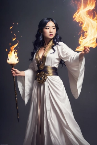 D&D character, modelshoot style, (extremely detailed CG unity 8k wallpaper), full shot body photo of the most beautiful artwork in the world, (celestial wizard) mage, silk robe, fire magic, Ed Blinkey, Atey Ghailan, Jeremy Mann, Greg Manchess, Antonio Moro, Intricate, High Detail, Sharp focus, dramatic, greg rutkowski, petals, countryside, action pose, casting a spell, swirling magic