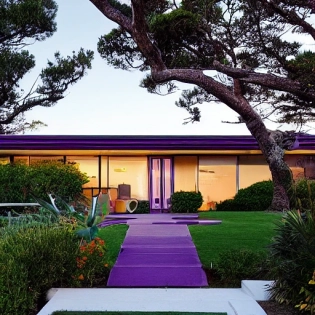 hyper realistic eye level exterior photo of a mid century modern style house overlooking the ocean, daylight, indirect lighting, AD magazine, Frank Lloyd, Eames, Mies van der Rohedrone view of purple sea near the shore, sunset, dog walking leaving purple paw prints on the sand