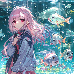 absurderes, hight resolution, (Anime style:1.1), ((masutepiece)), ((Best Quality)), (Ultra-detailed), (Beautiful), ??, Beautiful face?(liftup),(Giant aquarium in an aquarium?Cute girl looking at:1.4),Wind,Pink hair, Fine red eyes,Ephemeral,Looking at Viewer,Dramatic?(full body Esbian)??low angles?12year old?There are many large and small fish swimming in the aquarium?Look with sparkling eyes?Summer School Uniform