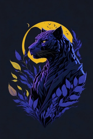 a silhouette design of a black panther, moonlight design, t- shirt art, 3D vector art, cute and quirky, bright bold colorful. , black background, watercolor effect, , digital painting, low-poly, soft lighting, bird's-eye view, isometric style, retro aesthetic, focused on the character, 4K resolution, photorealistic rendering, using Cinema 4D, front side