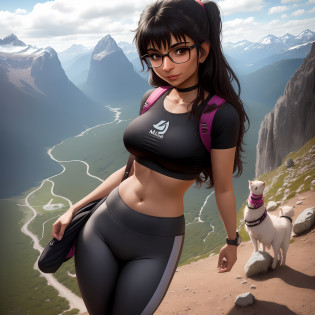 Mia Khalifa, solo, alone, 1 girl, hiking trip without anyone else, leggings, black sportswear, tight bra, going up a mountain, walking up a rocky path, looking at viewer, viewer is over and infront of Mia