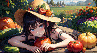 blue eyes black hair girl with a large pile of vegetables on a table in the garden, harvest fall vibrancy, autum garden, vegetables, an island made of food, harvest fall vibrance, 1614572159, the goddess of autumn harvest, veggies, very surreal garden, wonderful compositions, beautiful eden garden, wonderful masterpiece, ????