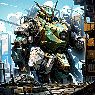 The Alafard robot stands on a truck in the city, cool mecha style, Alexander Ferra Mecha, Mecha Inspiration, Mecha suit, anime large mecha robot, anime concept hdr anime macmanus, Cyber Mech, painterly humanoid mecha, High quality digital concept art, mecha art, giant anime mecha?Sharp color contrast?Brilliant colors