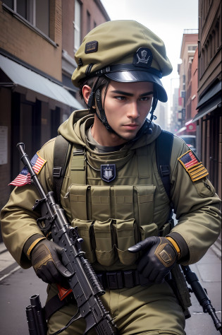 (masutepiece, Best Quality, Ultra-detailed, hight resolution, Best Illustration)Alafed soldier with rifle and rifle in hand, Portrait of a Navy SEAL soldier, Man has a rifle, military photography, a soldier aiming a gun, airsoft cqb, holding rifle, wearing tactical gear, Modern military equipment, Marine, Portrait of the coat of arms of the United States Navy, soldier, Sturdy Soldier, profile shot, Military Gear, holding the sniper rifle, New York street background??A high resolution?real looking skin