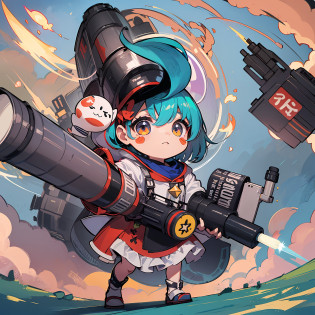 ((sticker:1.5)))?((Chibi Chara))?(((rocket launcher)))?Fluffy?1girl in?Strong perm?Rocket launcher launch?Intercept Kaiju?Strongest?Chibi Chara?ful body?pastel-colored hair?Fairy tale?Fantastical?Maste Piece?beste-Quality?high picture quality