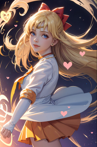 (masterpiece, best quality;1.3), extremely detailed CG, ultra detailed, 1girl, solo,  smile,  looking at viewer, stylish ungle, blonde long hair,blue eyes,
sv1, sailor senshi uniform, orange skirt, elbow gloves, tiara, orange sailor collar, red bow, orange choker, white gloves, jewelry, from above,
many hearts, face focus,Venus,tornado,abstract background, hearts storm, haert beam, heart bubbles, heart baloons, haert stars, heart flowers, HEART LIGHTS, heart world, heart background, galaxy background, heart weapon, heart aura,