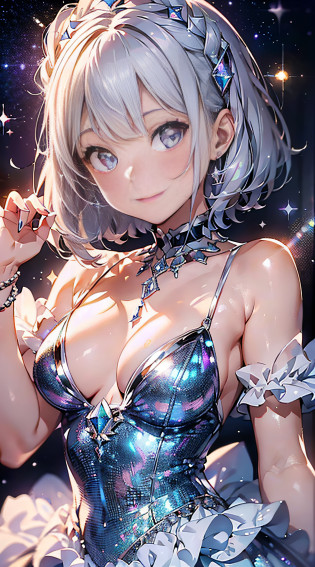 Diamond Gems, Diamond Necklaces
(((Masterpiece))). ((Super detail, top quality, high resolution, movie lighting, glitter, lens flare, light particles, glowing tones,))
Full Body (One Girl) Light Smile
((silver-haired, short hair,), wearing a dress, ruffles
Eyeshadow, eyeliner, beautiful eyes
18-year-old girl. Light, brilliance, glare, glare, glitter, reflection, prism, transparency. Thin material. (Diamond background)