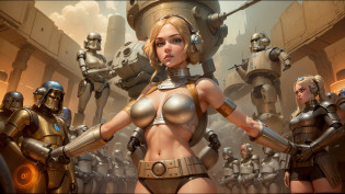 blond woman in short shorts and a short top standing in front of a group of robots, dan mumford and alex grey style, still from star wars, gill elvgren, girl clouds, steel armor, seventies era, taylor swift as princess leia, tom whalen 8 k --ar 16:9 --v 5.1