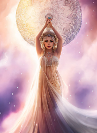 There's a woman holding a big guard-Rain in the sky, Deusa Celestial, como a deusa do sol, Um retrato impressionante de uma deusa, Deusa da Luz, Natalie Portman como uma deusa, Afrodite Deusa do Amor, Margot Robbie como uma deusa grega, deusa bonita, venus goddess, a stunning young ethereal figure, Deusa do Sol