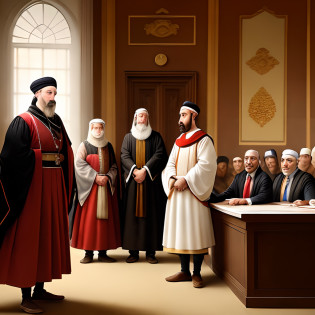 15th century Ottoman Sultan with his advisors in the court room