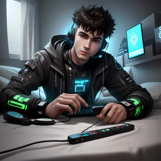 Boy lying on a bed, fiddling with his phone with headset and futuristic cyberpunk style outfit all in 8K 3D