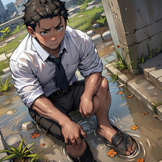 ?1 Adult male??A high resolution? Sharp focus? Pixiv masterpiece? ??Complicated details??? highly  detailed? natsuki_subaru? 1 man?Lying in the mud? Nervous?full bodyesbian? Golden eyes?eyes glowing?? Short blue hair?white  shirt?Wear a tie?Wear a belt?perspire?rain?Drenched?Sweaty crotch?Urine comes out of the crotch?pissing?Pee on the legs?Urine clumsily runs down the thigh?Lie down?legs separated?Pants are wet?Wet diapers?exhilarated?is shocked?panicking?worry?A small puddle of your own urine forms under your feet