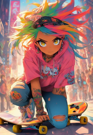 The most beautiful and sexy skateboard girl, rainbow colored hair, yellow eyes, wearing hoodie, graphic t-shirt, torn skinny jeans and highly detailed skateboard gear, tons of tattoos and piercings, highly detailed background, perfect masterpiece, high quality, high resolution